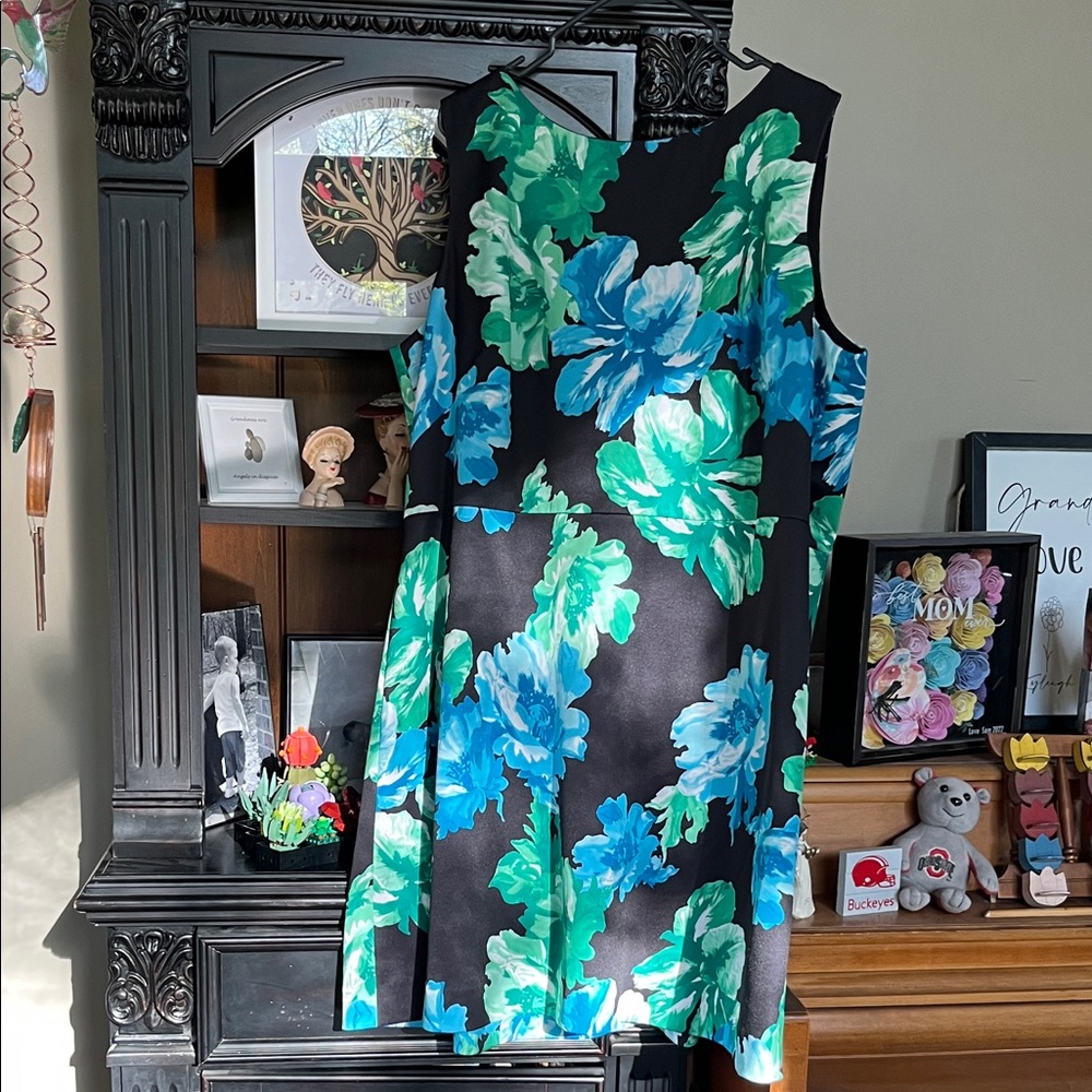 Sleeveless Black Dress with Blue & Green Floral Print